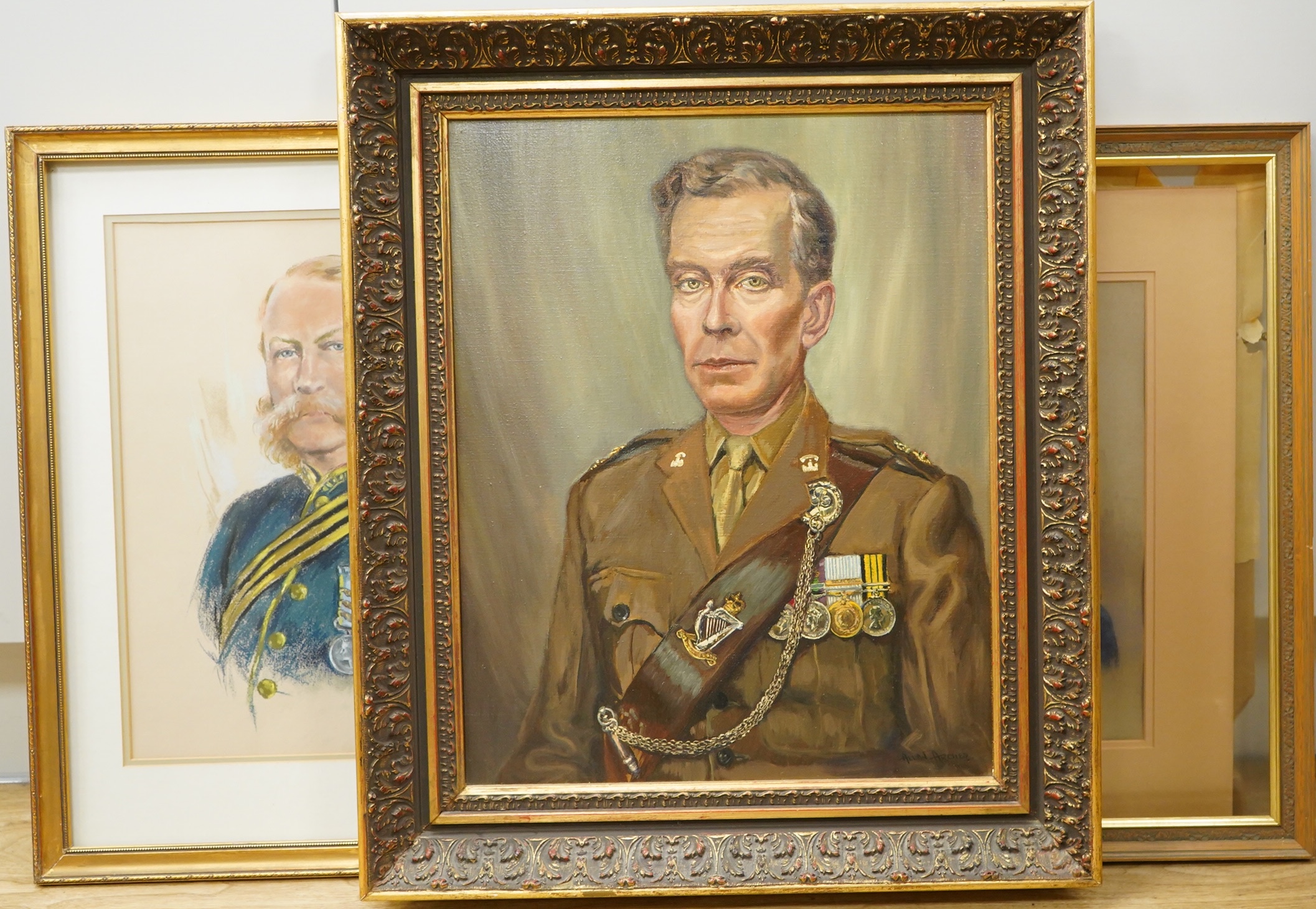 Contemporary School, Portrait of a gentleman wearing military dress, oil on board, together with two other military interest pastel portraits, two include Surgeon General W. G. Trusdell, largest 49 x 39cm